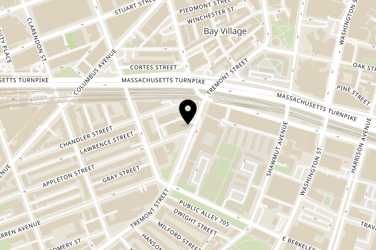Map showing the location of Reunion BBQ on 439 Tremont St in Boston